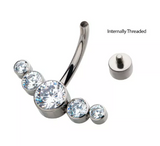 Titanium Internally Threaded 5pcs Bezel Set CZ/Opal Cluster Navel Curve (8 colors)