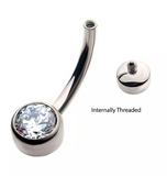 Titanium Internally Threaded Bezel Set Double CZ Rounded Back Navel Curve (7 colors)