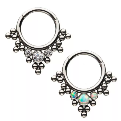 Titanium 3 Bezel Set CZ/Opal & Beads V-Shape Front Facing Clicker (2 colors)