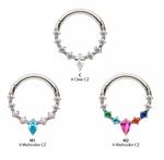 Titanium 9-Cluster Prong Set Round & Pear CZ Front Facing Clicker (3 colors)