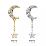 14K Gold Threadless CZ Pave Moon & Star Dangle Top (2 colors)