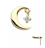 14K Gold Threadless Moon & CZ Dangle Top