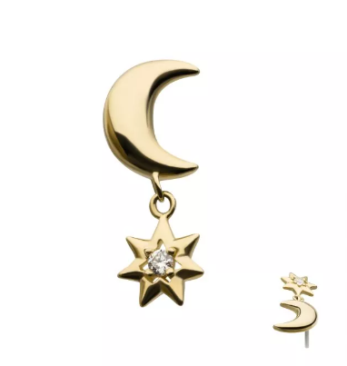 14K Gold Threadless Moon & CZ Star Dangle Top