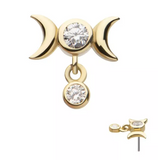 14K Gold Threadless Triple Moon & Bezel CZ Dangle Top