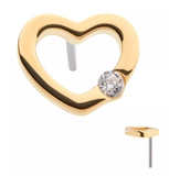 14K Gold Threadless Hollow Heart & CZ Top