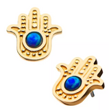 14K Gold Threadless Hamsa Blue Opal Top