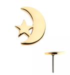 14K Gold Threadless Crescent Moon & Star Top