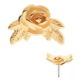 14K Gold Threadless  Angled Rose with Leaves Top