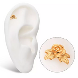 14K Gold Threadless  Angled Rose with Leaves Top